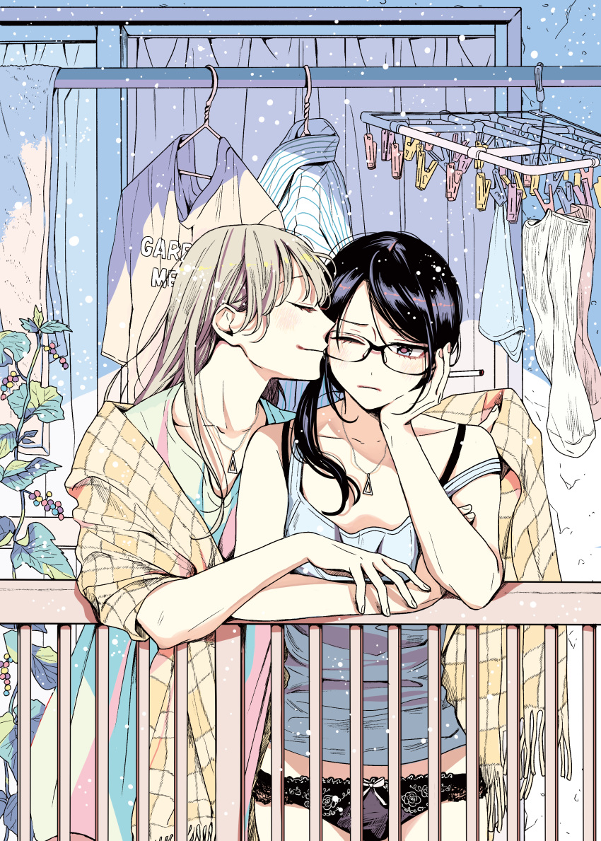 2girls, absurdres, balcony, bangs, bare_shoulders, black-framed_eyewear, black_bra, black_hair