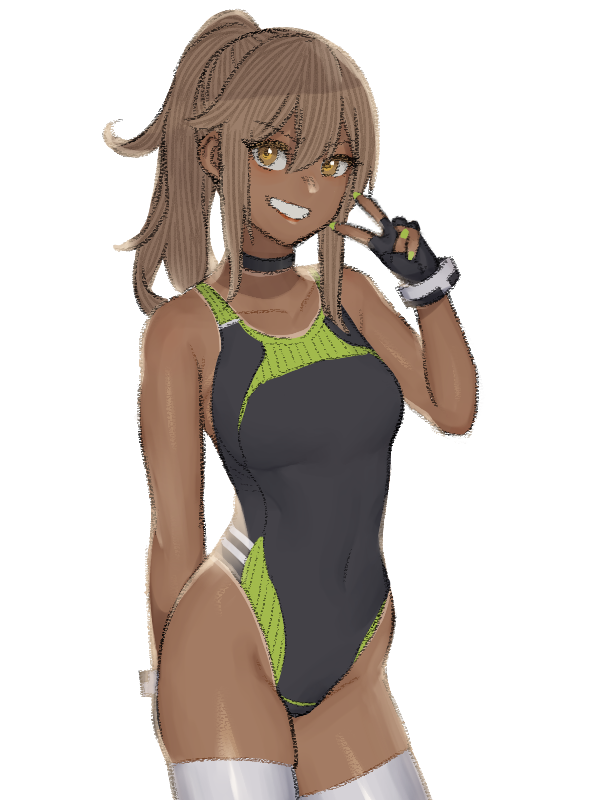 1girl, breasts, brown_eyes, brown_hair, covered_navel, dark_skin, fingerless_gloves, gloves