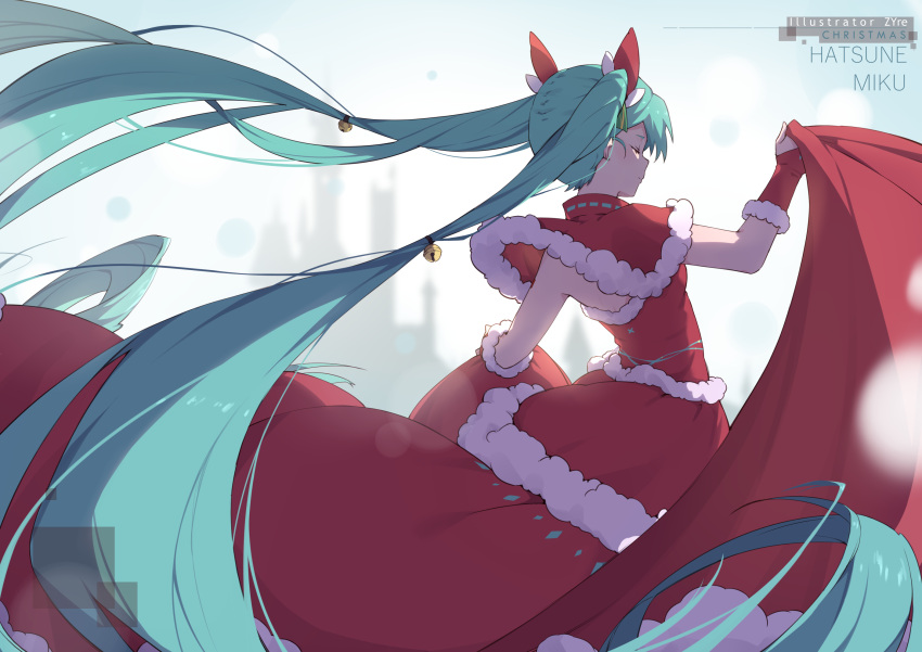1girl, aqua_eyes, bell, capelet, capelet_lift, character_name, christmas, closed_eyes