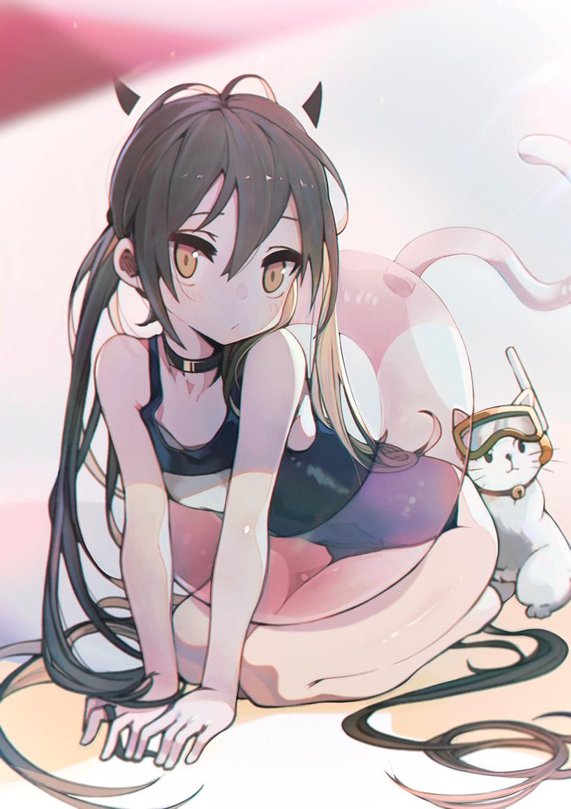 1girl, abae, animal, antenna_hair, arm_support, bangs, bare_arms, bare_legs