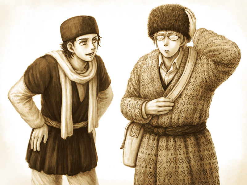 2boys, ali_(otoyomegatari), bag, blonde_hair, brown_theme, coat, collared_shirt, cowboy_shot