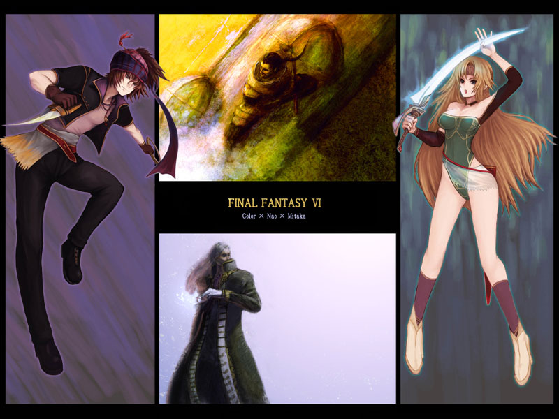 3boys, armor, blonde_hair, cayenne_garamonde, celes_chere, coat, collaboration, cyan_garamonde, dagger, dual_wielding, final_fantasy, final_fantasy_vi, kara_(color), leotard, lock_cole, locke_cole, multiple_boys, setzer_gabbiani, sword, title_drop, weapon