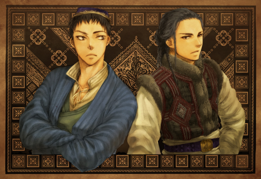2boys, azel_halgal, bangs, belt, black_eyes, black_hair, braid, brown_background