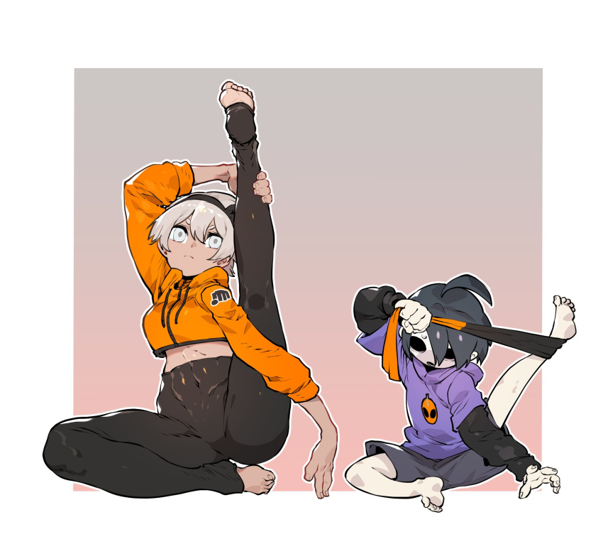 1boy, 1girl, ahoge, barefoot, black_hair, covered_navel, crop_top, cropped_hoodie