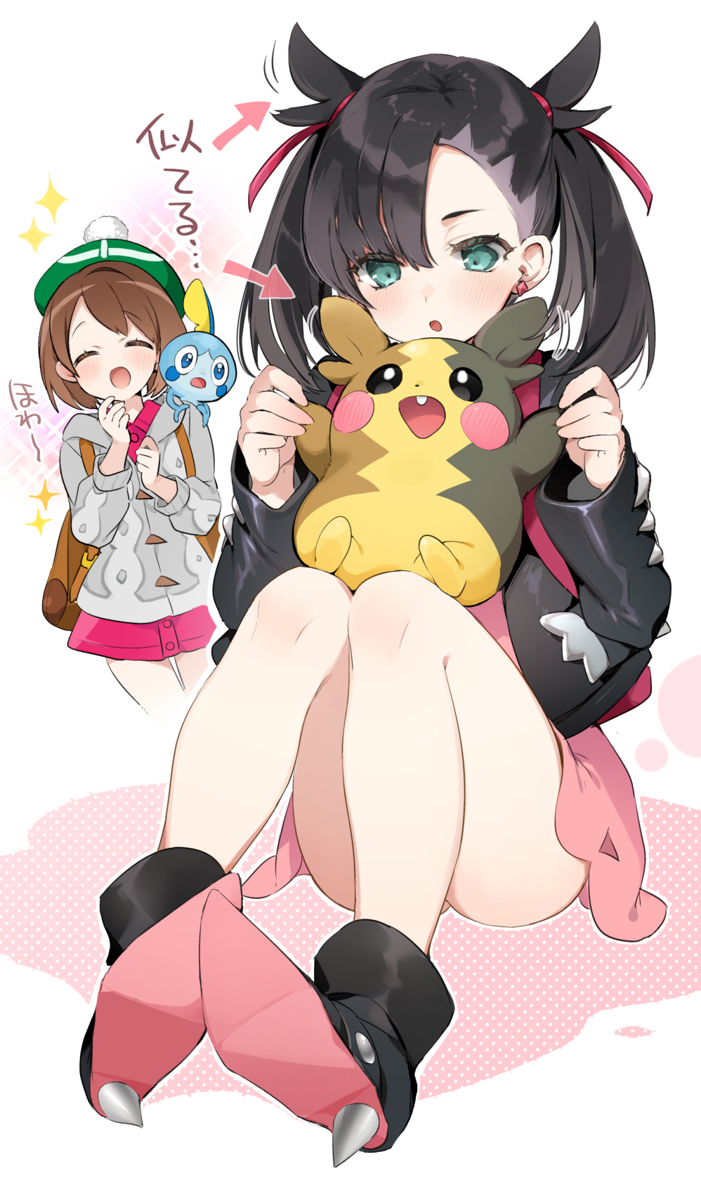 2girls, :d, :o, ^_^, ankle_boots, aqua_eyes, asymmetrical_bangs, backpack, bag, bangs, bare_legs, black_footwear, black_jacket, blush, boots, brown_hair, closed_eyes, commentary_request, creature_on_shoulder, dress, ear_wiggle, earrings, eyebrows_visible_through_hair, fang, full_body, gen_8_pokemon, green_headwear, grey_coat, hair_ribbon, hair_wagging, high_heel_boots, high_heels, highres, jacket, jewelry, knees_up, long_hair, long_sleeves, mary_(pokemon), morpeko, motion_lines, multiple_girls, open_clothes, open_jacket, open_mouth, pink_dress, playing, pokemon, pokemon_(creature), pokemon_(game), pokemon_swsh, polka_dot, red_ribbon, ribbon, short_dress, short_hair, sino_(sionori), sitting, smile, sobble, sparkle, tam_o'_shanter, translated, twintails, white_background, yuuri_(pokemon)