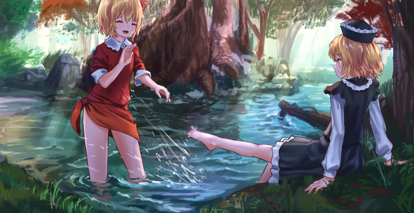2girls, :d, ^_^, aki_shizuha, arm_support, bangs, barefoot, black_headwear