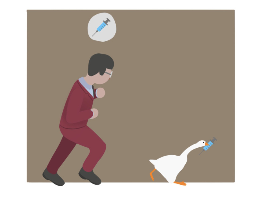 1boy, animal, bird, black_hair, crossover, drugs, formal, glasses, goose, goose_(untitled_goose_game), highres, katana_zero, long_sleeves, parody, psychiatrist_(katana_zero), red_suit, running, short_hair, simple_background, spiderbirdo, suit, syringe, theft, untitled_goose_game