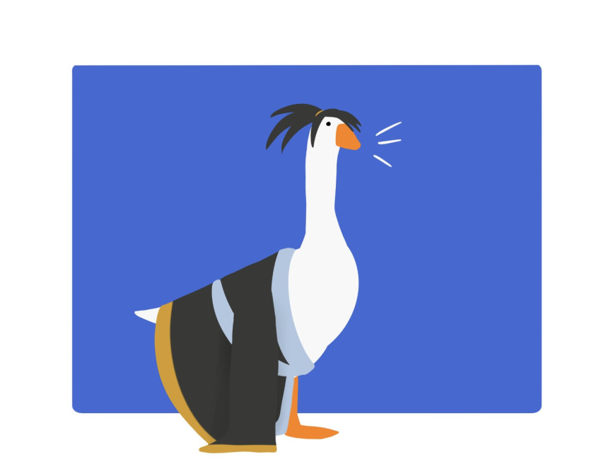 1boy, bird, black_eyes, black_hair, chibi, cosplay, crossover, goose, goose_(untitled_goose_game), highres, japanese_clothes, katana_zero, kimono, no_humans, parody, ponytail, short_hair, simple_background, solo, spiderbirdo, tied_hair, untitled_goose_game, zero_(katana_zero)