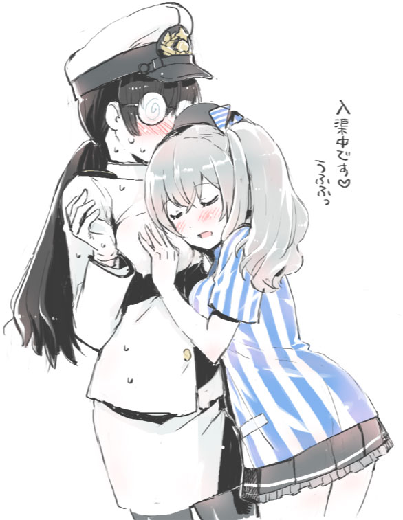 alternate_costume, beret, black_hair, black_legwear, black_skirt, blush, breasts, buttons