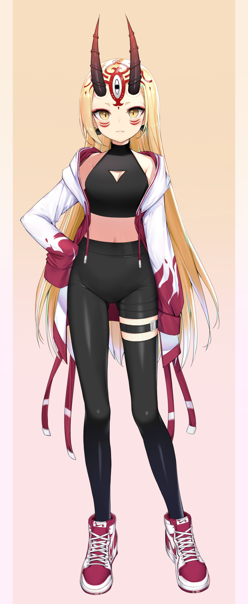 1girl, absurdres, asymmetrical_clothes, bare_shoulders, black_legwear, black_pants, black_shirt, blonde_hair