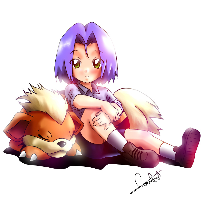 absurdres, blue_hair, green_eyes, growlithe, highres, kojirou_(pokemon), mistressainley, pokemon