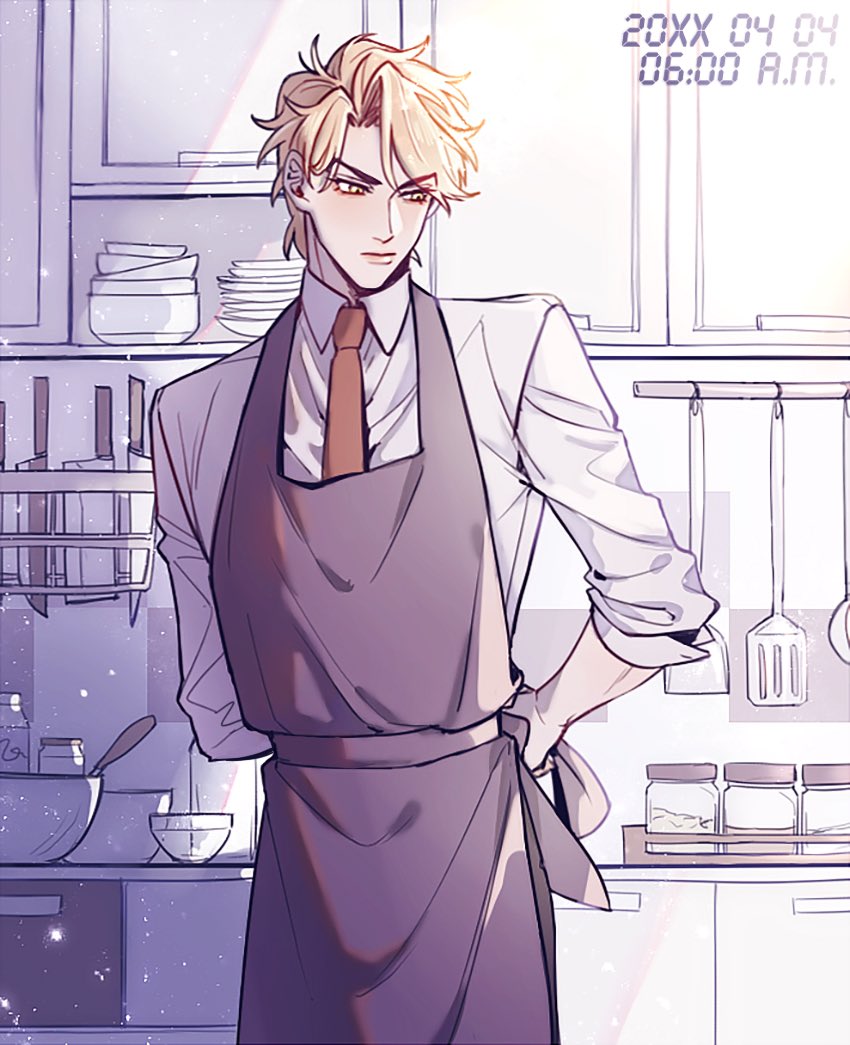 1boy, apron, blonde_hair, collared_shirt, cooking, dated, dio_brando, dishes, grumpy, hako_iix07, indoors, ingredients, jojo_no_kimyou_na_bouken, kitchen, knife, male_focus, necktie, phantom_blood, red_eyes, red_neckwear, ribbon, salt, shirt, short_hair, solo, spatula, timestamp