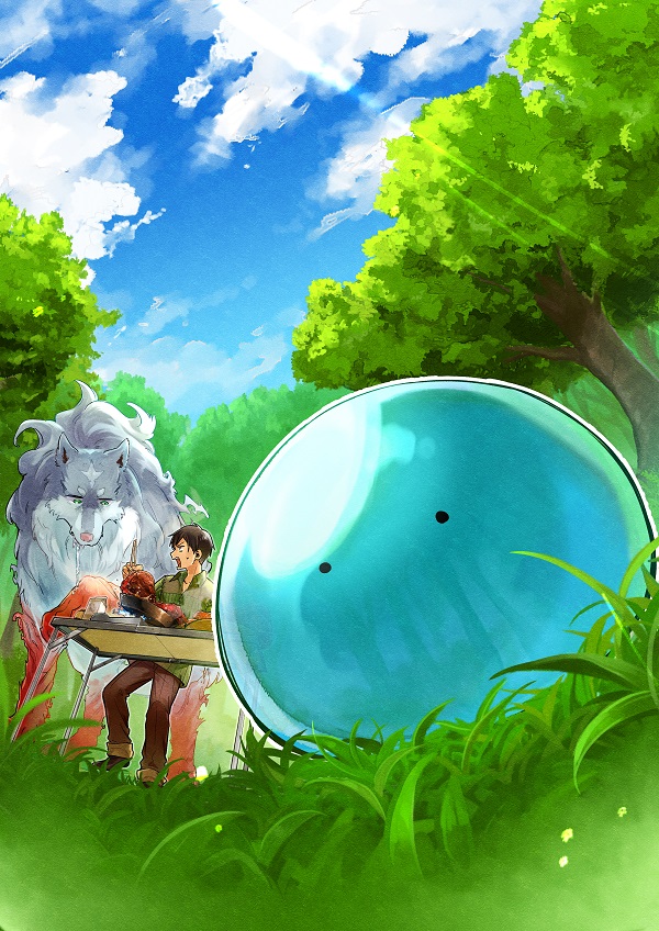 1boy, black_hair, blue_sky, brown_pants, chopsticks, collared_shirt, cooking, day, desk, drooling, dutch_angle, feru_(tonsuki), food, forest, frying_pan, grass, green_shirt, hutaba_momo, looking_at_another, looking_at_viewer, meat, mukouda_tsuyoshi, nature, outline, pants, portable_stove, profile, saliva, shirt, sky, slime, standing, steam, sui_(tonsuki), sunlight, tondemo_skill_de_isekai_hourou_meshi, transparent, tree, white_outline, wolf