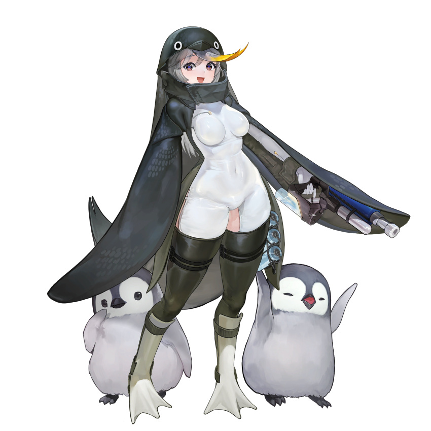 1girl, animal, animal_costume, animal_hood, bird, blonde_hair, bodysuit, breasts