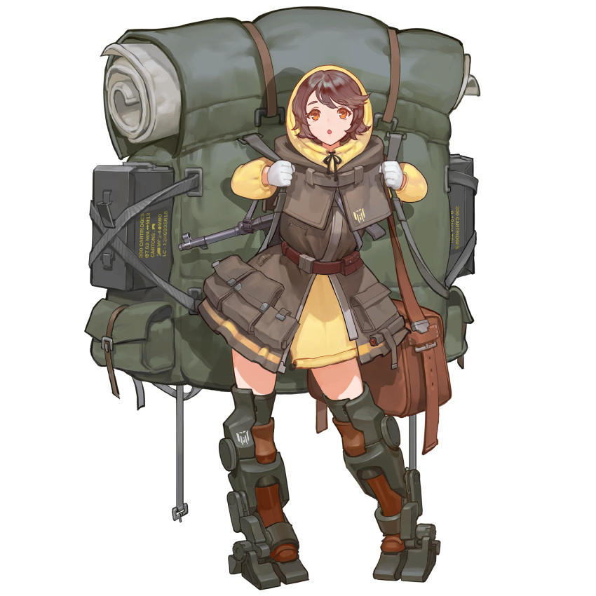 1girl, ammo_box, backpack, bag, blush, brown_eyes, brown_hair, buckle