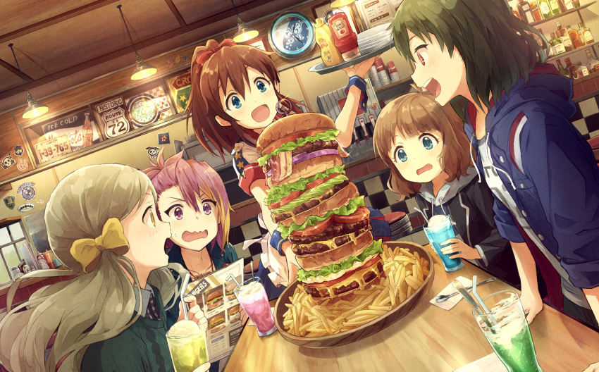 5girls, bacon, blue_eyes, blush, brown_hair, diner, dutch_angle, earrings, fast_food, food, food_awe, french_fries, green_eyes, hair_ornament, hamburger, handa_roko, highres, hood, hoodie, ice_cream, ice_cream_float, idolmaster, idolmaster_million_live!, idolmaster_million_live!_theater_days, jewelry, ketchup, long_hair, maihama_ayumu, marimo_(momiage), menu, multiple_girls, mustard, nagayoshi_subaru, open_mouth, pink_hair, ponytail, restaurant, satake_minako, short_hair, sparkle, suou_momoko, too_many, too_much_hamburger
