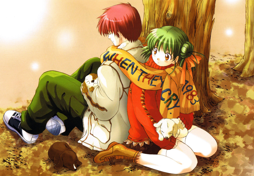 autumn_leaves, dog, green_hair, highres, higurashi_no_naku_koro_ni, kimiyoshi_natsumi, kito_en, kitou_en, leaf, leaves, toudou_akira, tree, trees