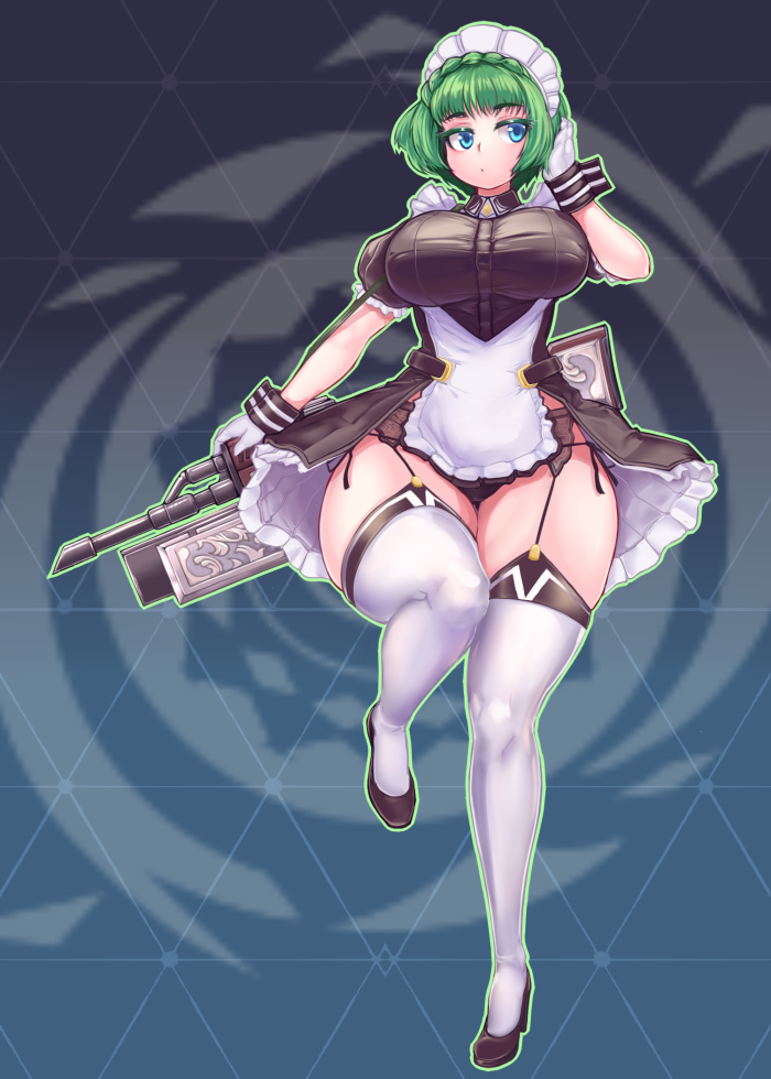 ak-99m, assault_rifle, blue_eyes, breasts, garter_belt, garter_straps, gloves, green_hair, gun, high_heels, huge_breasts, last_origin, maid, maid_dress, maid_headdress, mu_inochi, rifle, short_hair, thick_thighs, thigh-highs, thighs, vanilla_a1, weapon, white_gloves, white_legwear
