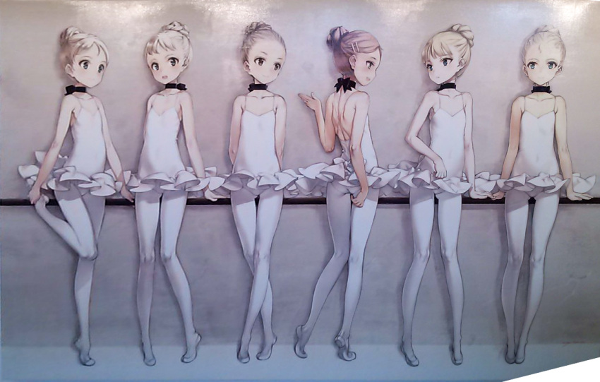 6+girls, arms_behind_back, ass, ballerina, ballet, ballet_leotard, ballet_slippers, blonde_hair