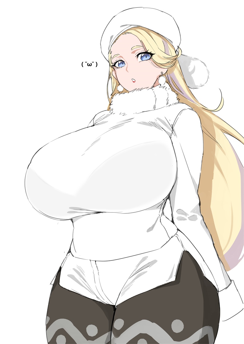 1girl, arms_behind_back, b_o_x2019, blonde_hair, blue_eyes, breasts, earrings, fur_hat