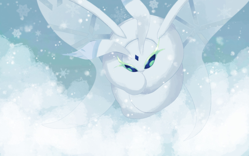 blue_eyes, blue_sky, bug, frosmoth, gen_8_pokemon, insect, moth, no_humans