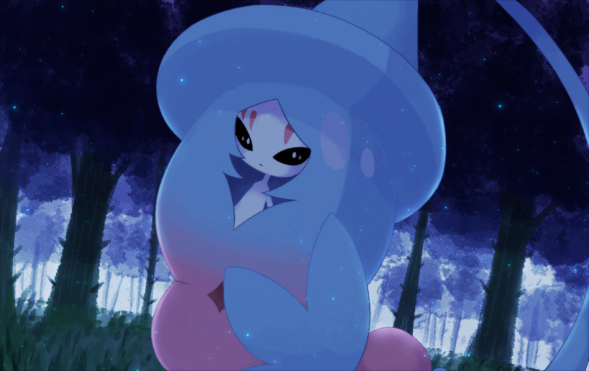 forest, gen_8_pokemon, grass, hat, hatterene, long_hair, nature, no_humans, oemmtoru, outdoors, pokemon, pokemon_(creature), solo, tree