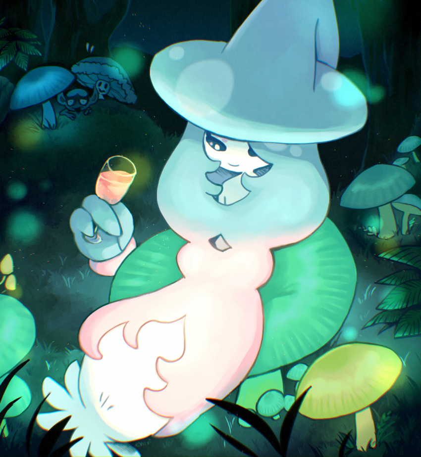 cup, drinking_glass, forest, gen_7_pokemon, gen_8_pokemon, grass, hatterene, highres, impidimp, kihachisu, mushroom, nature, night, night_sky, no_humans, outdoors, pokemon, pokemon_(game), pokemon_swsh, shiinotic, sky, wine_glass