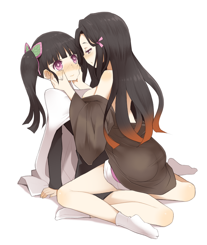 2girls, arashiya, back, bare_legs, belt, black_hair, black_skirt, blush, breasts, butterfly_hair_ornament, cloak, coat, embarrassed, eyebrows_visible_through_hair, face-to-face, full_body, gradient_hair, hair_ornament, hair_ribbon, hands_on_another's_face, haori, japanese_clothes, kamado_nezuko, kimetsu_no_yaiba, kimono, long_hair, long_sleeves, medium_hair, multicolored_hair, multiple_girls, off_shoulder, orange_hair, pink_eyes, ribbon, short_kimono, side_ponytail, sideboob, simple_background, sitting, skirt, socks, straddling, straight_hair, sweatdrop, thighs, tsuyuri_kanao, two-tone_hair, uniform, wariza, white_background, white_footwear, wide_sleeves, yuri