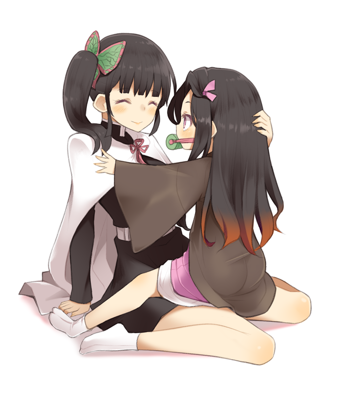 2girls, arashiya, back, bamboo, bare_legs, belt, bit_gag, black_hair