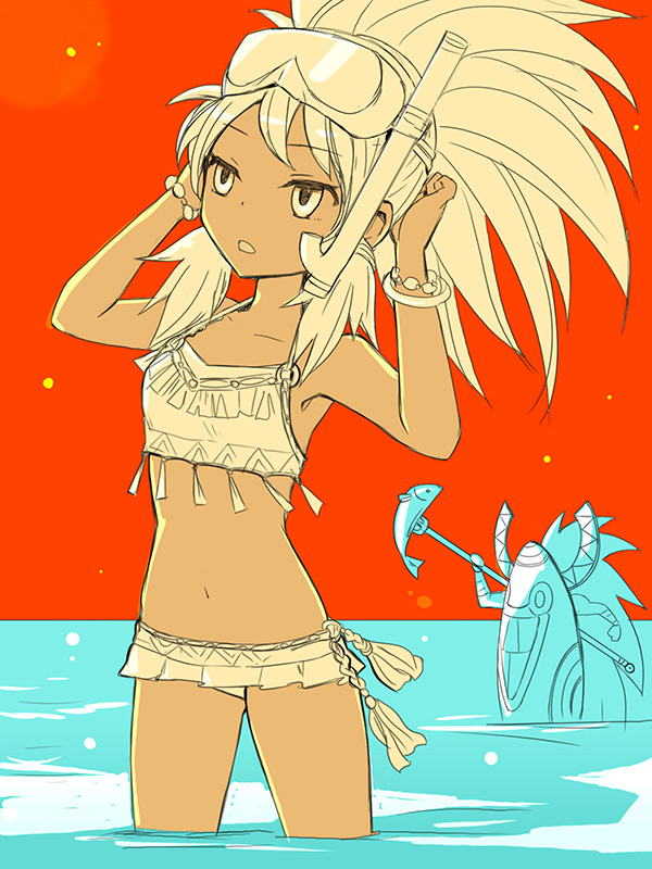 1boy, 1girl, bikini, bracelet, dark_skin, elico_nya, fish, goggles