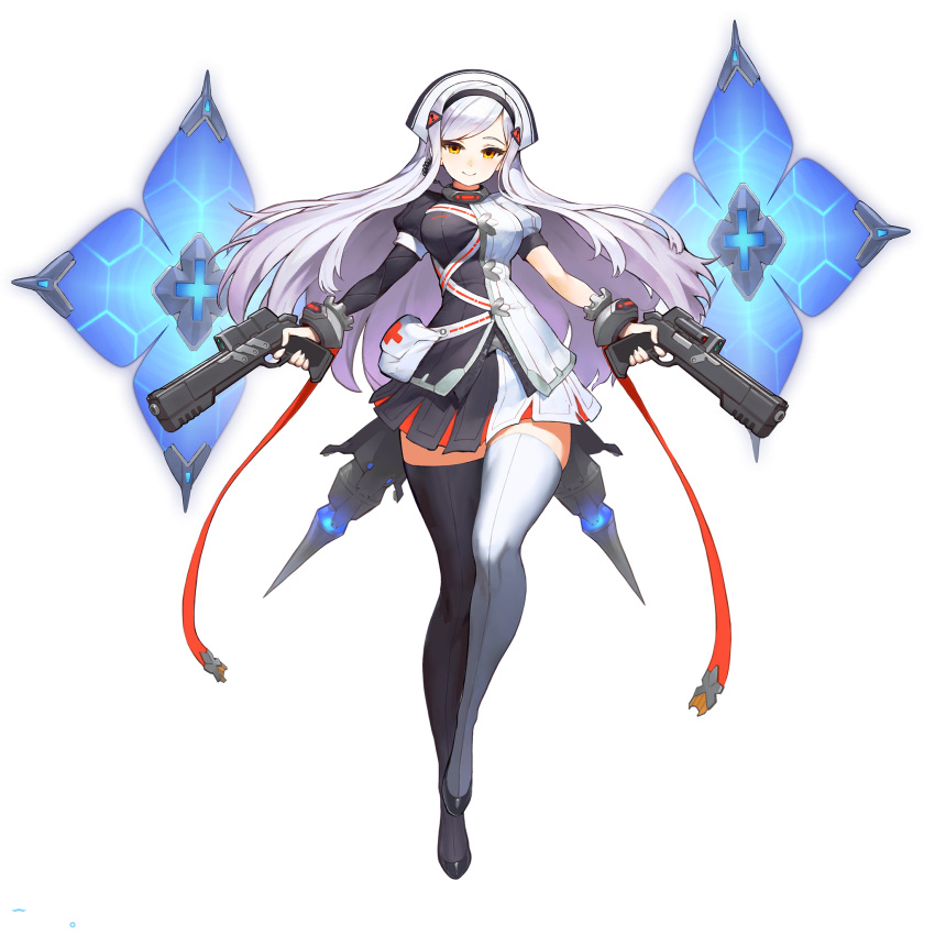 1girl, bangs, black_legwear, black_lilith_(last_origin), blush, earpiece, full_body, gun