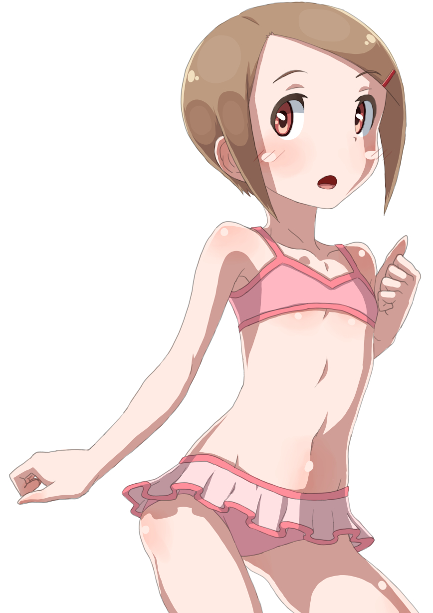 1girl, :o, bikini, brown_hair, digimon, flat_chest, frilled_bikini_bottom, hair_ornament, hairclip, hand_up, highres, looking_at_viewer, navel, pink_bikini, short_hair, simple_background, solo, standing, swimsuit, white_background, yagami_hikari, yuh_koume
