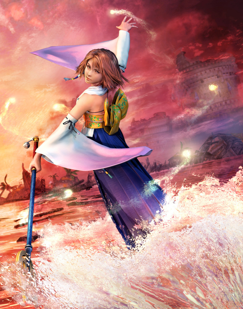 1girl, 3d, bare_shoulders, brown_hair, cg, closed_mouth, detached_sleeves, female, final_fantasy, final_fantasy_x, heterochromia, highres, holding, holding_staff, japanese_clothes, looking_back, obi, official_art, pyrefly, solo, staff, water, yuna