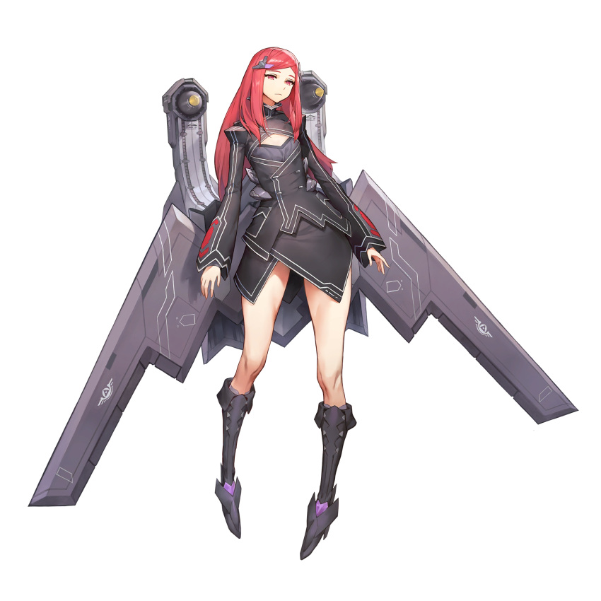 1girl, b-11_night_angel, bangs, black_dress, boots, cleavage_cutout, dress, flat_chest, full_body, hair_ornament, hairclip, highres, kakiman, last_origin, looking_at_viewer, red_eyes, redhead, simple_background, solo, tachi-e, transparent_background, wings