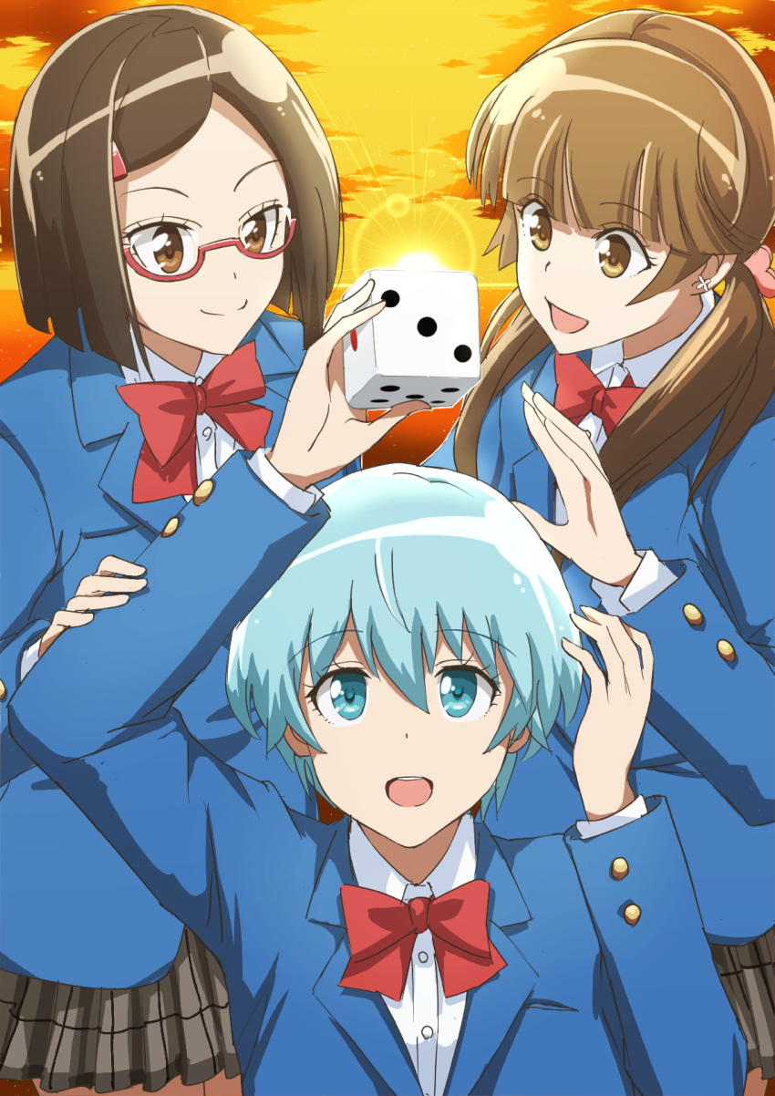 3girls, :d, bangs, blazer, blue_eyes, blue_hair, blue_jacket, blunt_bangs