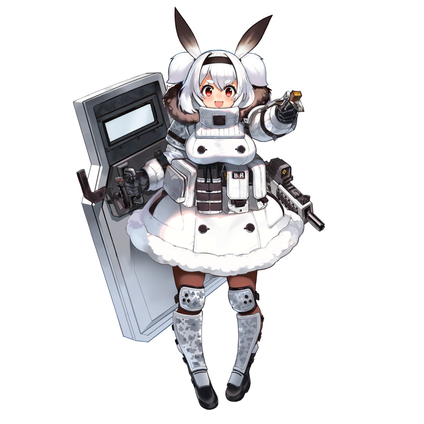 1girl, :3, :d, armored_gloves, belt, belt_pouch, black_hairband, breasts