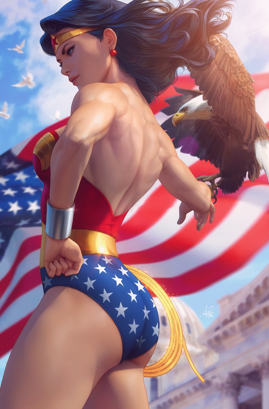 1girl, american_flag, back, bird, blue_eyes, blue_sky, bracer, clenched_hand