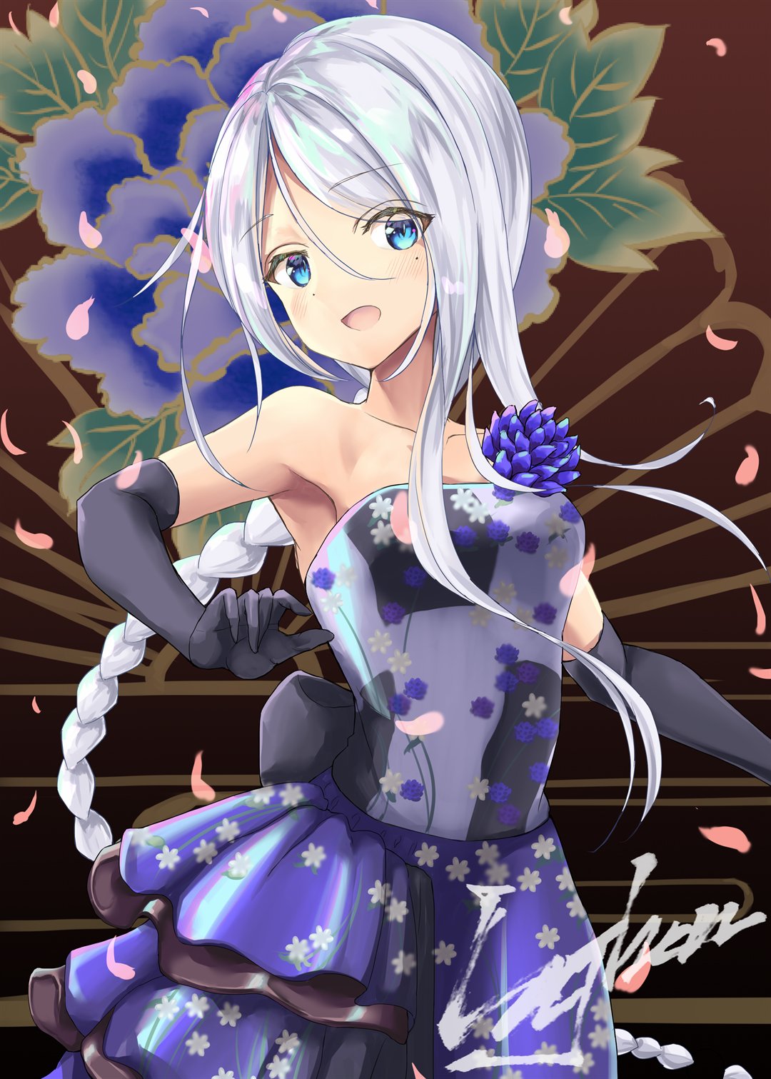 1girl, alternate_costume, armpits, back_bow, bangs, bare_shoulders, black_gloves, blue_eyes