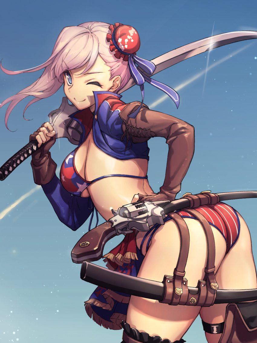 1girl, american_flag_bikini, ass, asymmetrical_hair, bangs, bikini, blue_eyes, breasts