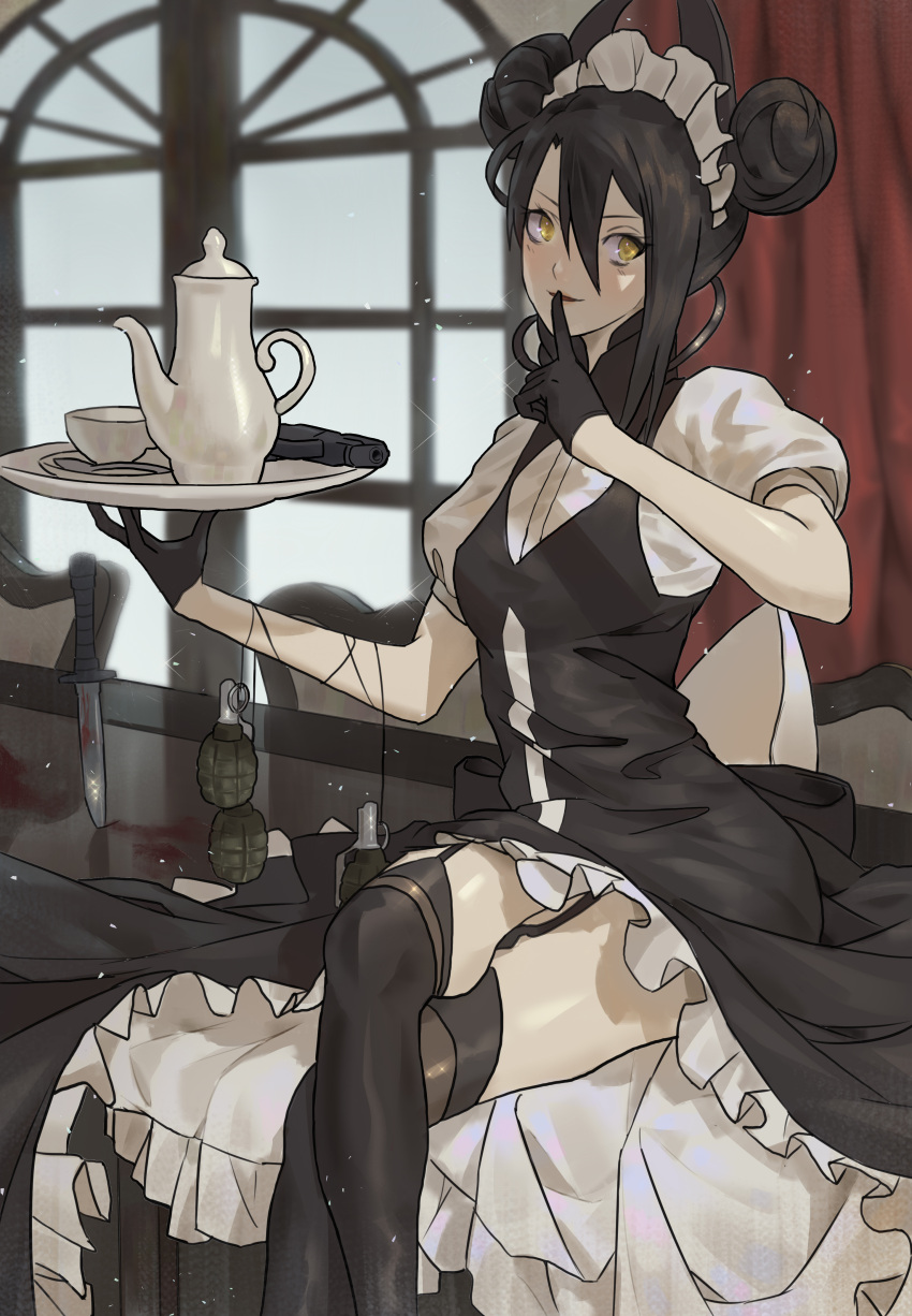 1girl, absurdres, agent_(girls_frontline), asymmetrical_bangs, bangs, black_dress, black_footwear, black_gloves