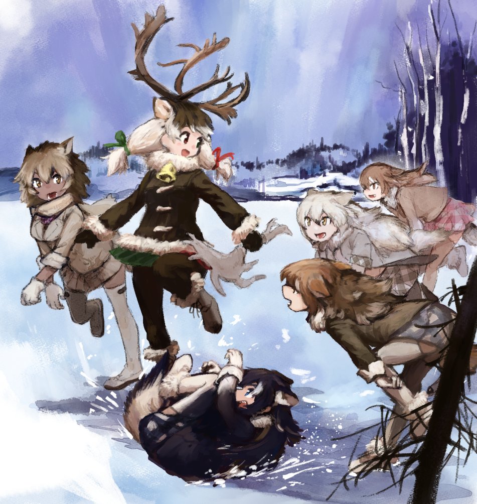 6+girls, :d, animal_ears, antlers, bell, black_gloves, black_hair, black_legwear