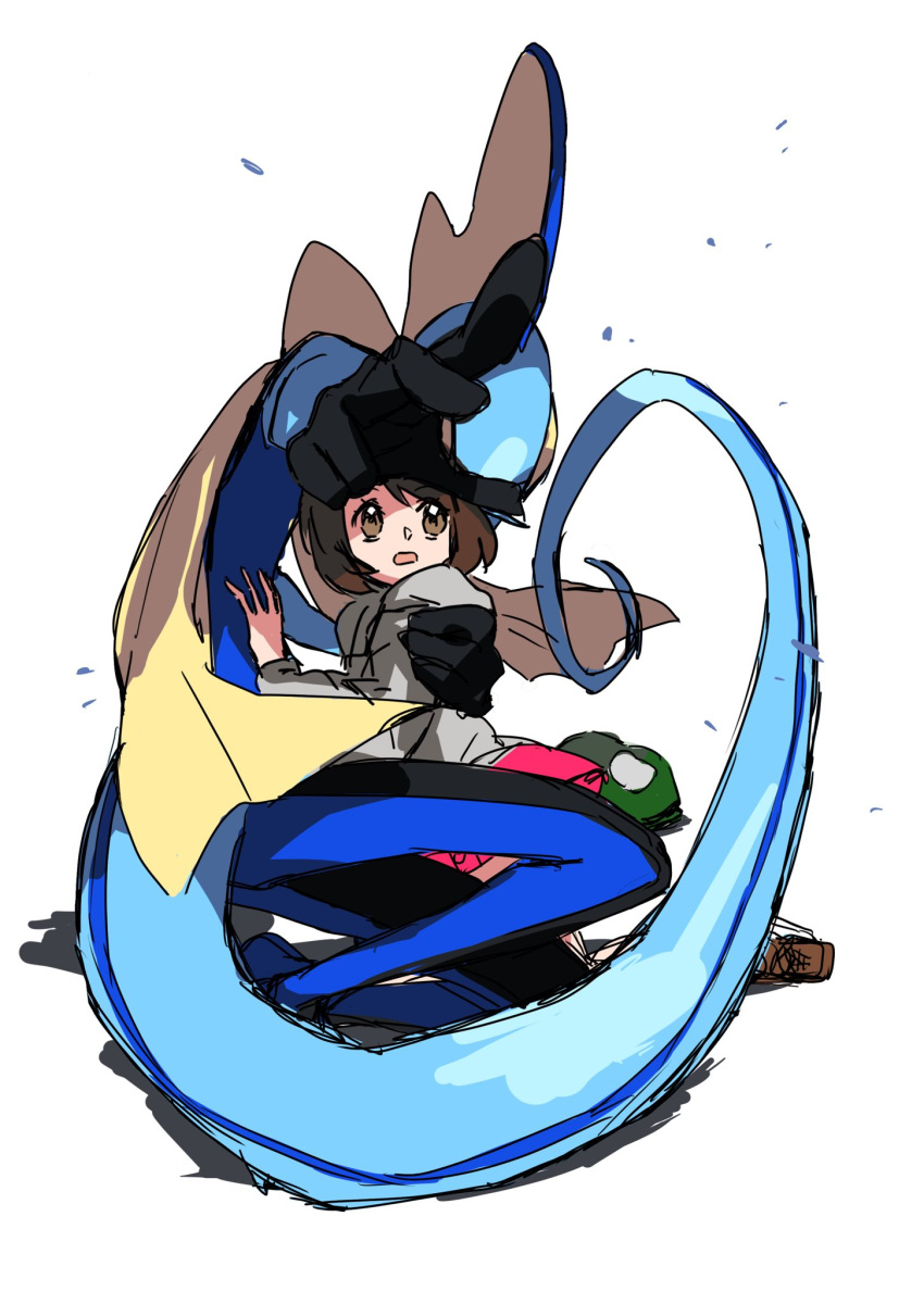 1girl, bob_cut, brown_eyes, brown_hair, buntatta, cardigan, gen_8_pokemon, green_headwear