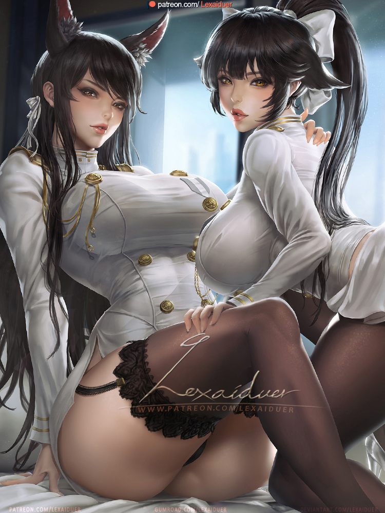 2girls, animal_ear_fluff, animal_ears, arm_support, artist_name, atago_(azur_lane), azur_lane, bangs, black_hair, black_legwear, blurry, blurry_background, blush, bow, breasts, brown_eyes, extra_ears, garter_straps, hair_bow, hair_flaps, hair_ribbon, hand_on_another's_shoulder, hand_on_another's_thigh, indoors, kneeling, lace, lace-trimmed_legwear, large_breasts, lexaiduer, long_hair, looking_at_viewer, military, military_uniform, miniskirt, mole, mole_under_eye, multiple_girls, pantyhose, parted_lips, ponytail, red_lips, ribbon, sitting, skindentation, skirt, smile, swept_bangs, takao_(azur_lane), thigh-highs, thighs, uniform, very_long_hair, white_bow, white_ribbon