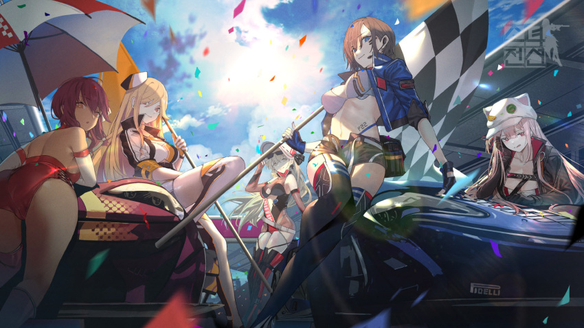 5girls, :o, :q, adjusting_eyewear, alternate_costume, artist_request, ass, bangs