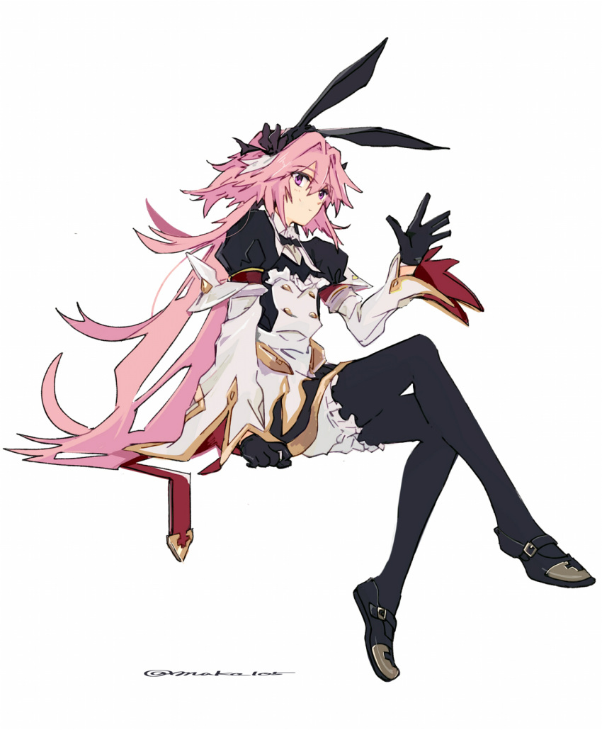 1boy, astolfo_(saber)_(fate), bangs, black_bow, black_gloves, black_legwear, black_ribbon, bow