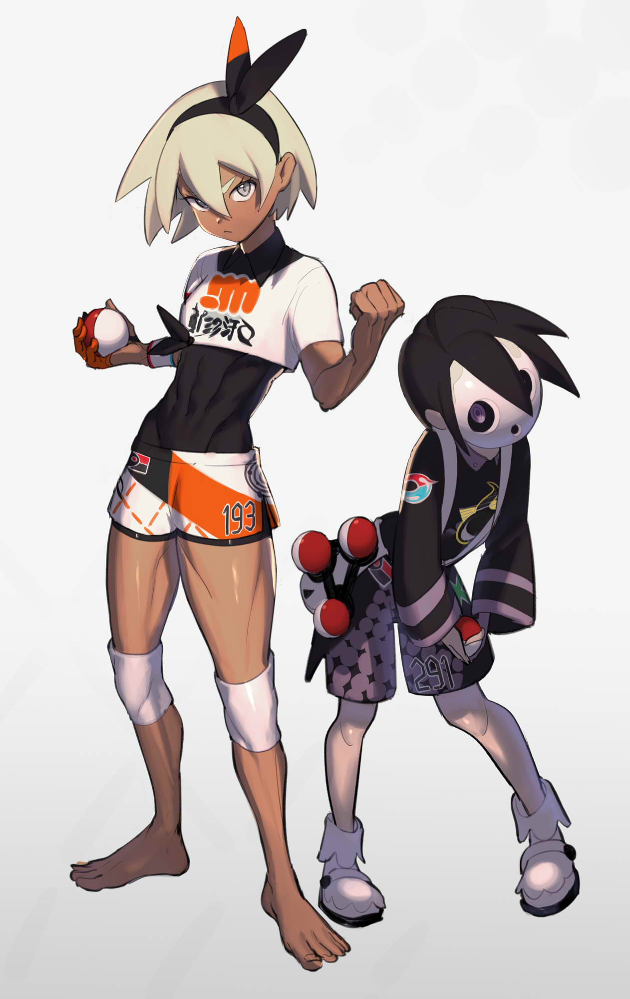 1boy, 1girl, abs, ahoge, barefoot, black_hair, blue_eyes, bodysuit