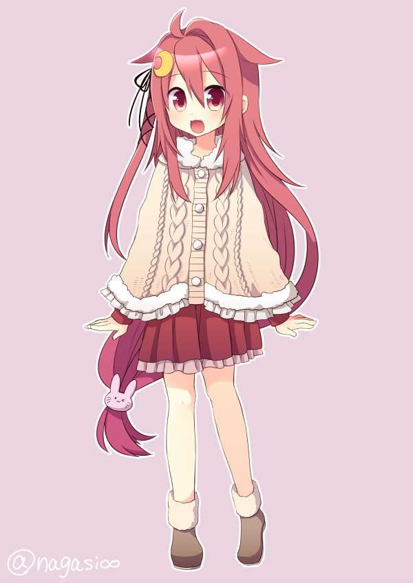 1girl, :d, ahoge, alpha_signature, alternate_costume, aran_sweater, bunny_hair_ornament, casual