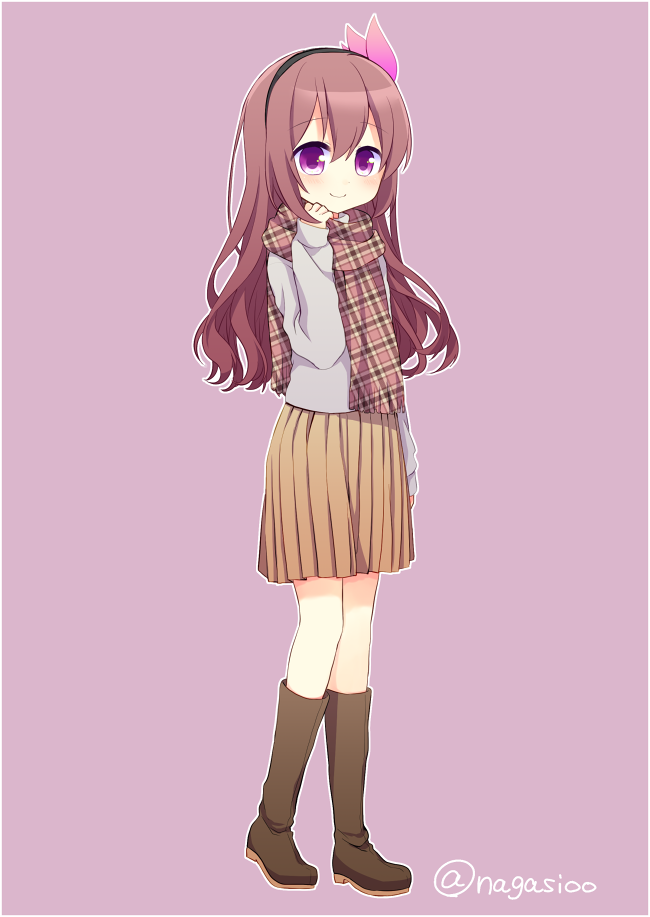 1girl, alpha_signature, alternate_costume, boots, brown_hair, casual, diadem, full_body
