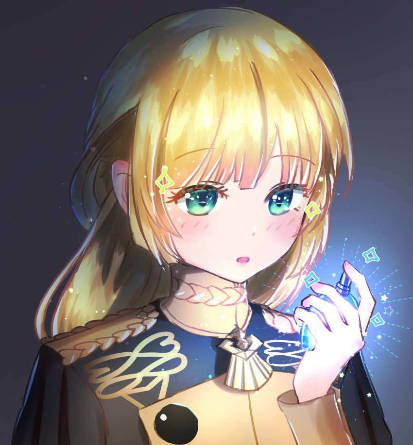 1girl, absurdres, blush, braid, epaulettes, fire_emblem, fire_emblem:_three_houses, garreg_mach_monastery_uniform, green_eyes, highres, ingrid_brandl_galatea, long_hair, open_mouth, parupome, potion, single_braid, solo, sparkle
