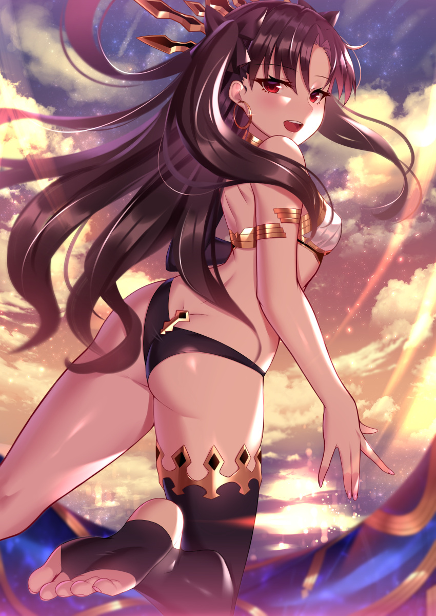 1girl, absurdres, armlet, ass, asymmetrical_legwear, asymmetrical_sleeves, back, bangs, bare_shoulders, black_bikini_bottom, black_bow, black_fire_(peter02713), black_hair, blush, bow, breasts, detached_collar, detached_sleeves, earrings, fate/grand_order, fate_(series), feet, hair_bow, heavenly_boat_maanna, highres, hoop_earrings, ishtar_(fate/grand_order), jewelry, long_hair, looking_at_viewer, looking_back, medium_breasts, neck_ring, open_mouth, parted_bangs, red_eyes, single_detached_sleeve, single_thighhigh, sky, smile, soles, solo, thigh-highs, thighs, tiara, toeless_legwear, toes, two_side_up, weapon, white_bikini_top
